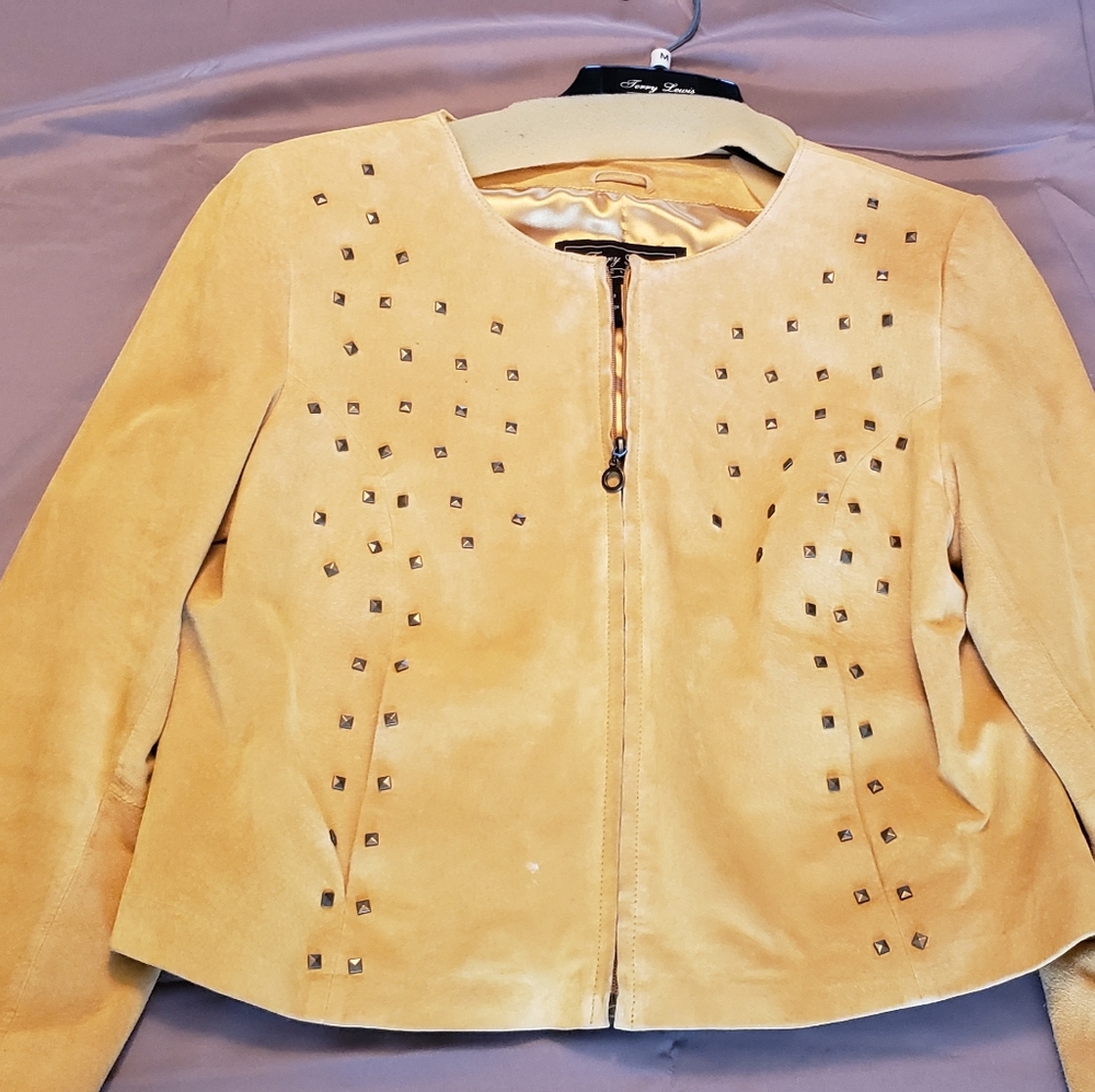 Mustard Yellow Suede Moto Jacket with Bronze Studs